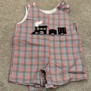 Baby Boys Red & Blue Check Train Appliqué One-Piece Bodysuit
